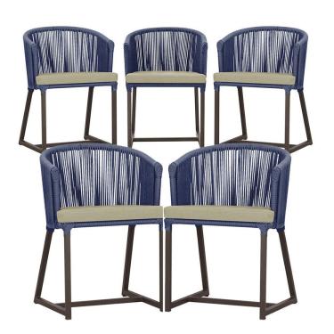 Imagem de 5 Cadeiras De Jantar Noronha Marrom Corda Náutica E7 Trama Azul