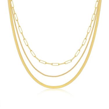 Imagem de Pancert Colar em camadas para mulheres, colar de espinha de peixe banhado a ouro 14K, gargantilha, multicamadas, clipe de papel, Cuba, Fígaro, conjunto de acessórios de corrente, joia não manchada