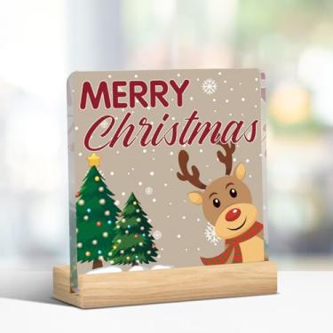 Imagem de Placa de rena Feliz Natal Decorações de Natal para Mesa de Escritório em Casa Prateleira 10 x 10 cm