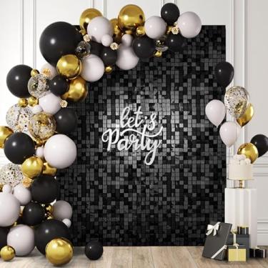 Imagem de 24 peças de painel de parede preto brilhante – pano de fundo de parede com lantejoulas de 10 x 15 m, pano de fundo de foto para decoração de casamento, aniversário, aniversário e noivado