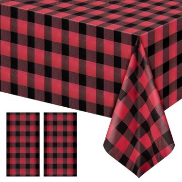 Imagem de Pacote com 2 toalhas de mesa xadrez vermelhas listradas, capas de mesa retangulares de plástico descartáveis, 137 x 272 cm, toalhas de mesa xadrez vermelhas e pretas à prova d'água para piquenique