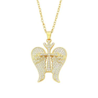 Imagem de KONPJE Colar feminino com cruz dourada de aço inoxidável, zircônia cúbica, asas de anjo, pingente de cruz, gargantilha, enfeite de asas de anjo, joia de Natal, presente, Large, Metal, Sem Pedra