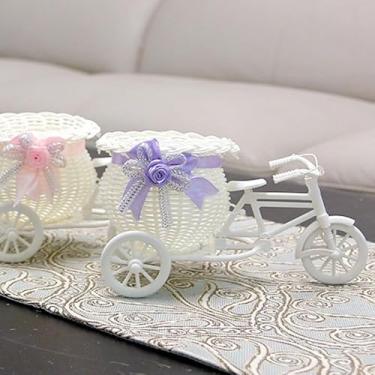 Imagem de 1 cesta de flores decorativa de plástico branco triciclo design de bicicleta cesta de flores armazenamento decoração de festa vasos