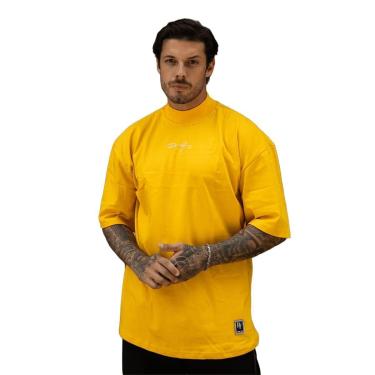 Imagem de Camiseta Oversized Gola Alta Aplique Assinatura Streetwear Confortavel Masculina Amarelo-Masculino