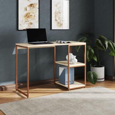 Imagem de Mesa Escritório Berlim Industrial Com Prateleira Ferro Cobre Tampo 110x46 Off White