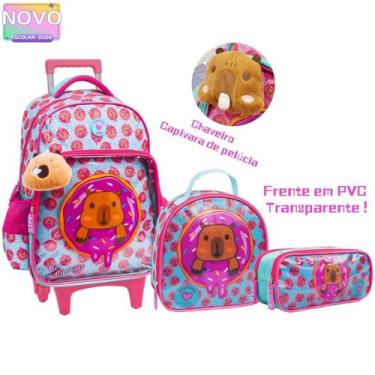 Imagem de Kit Mochila De Carrinho Transparente Com Chaveiro Capivara De Pelúcia 