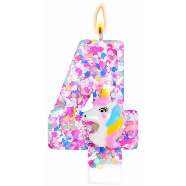 Imagem de Decoração de velas de aniversário com número de unicórnio, suprimentos de festa de aniversário com tema de unicórnio, topo de bolo de aniversário de lantejoulas com glitter para meninos e meninas