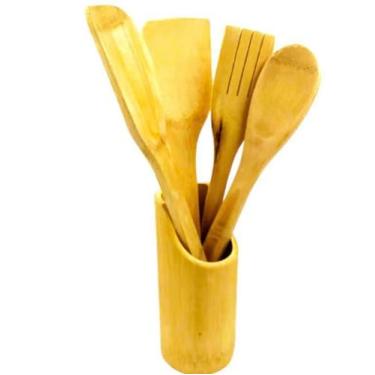 Imagem de Kit de Utensílios de Cozinha em Madeira de Bambu, 5 Peças com Colher, Garfo, Espátula e Suporte