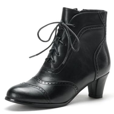 Imagem de Pixoecuty Bota feminina de cano curto com cadarço e zíper lateral vitoriana salto médio grosso, Preto - 1, 40