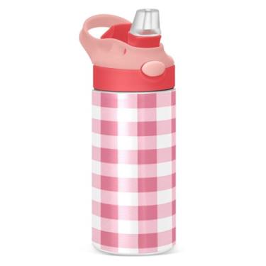 Imagem de JUZIHAI Garrafas de água infantis Gingham Garrafa de aço inoxidável isolada a vácuo de 350 ml com tampa de palha, copo de viagem à prova de vazamento