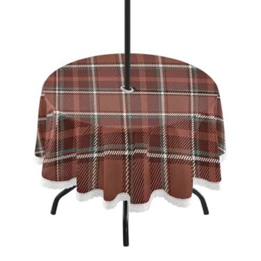 Imagem de Qilmy Toalha de mesa redonda à prova d'água com estampa xadrez de 152 cm com orifício para guarda-chuva e zíper – uso externo / interno resistente para pátio, churrascos, piqueniques, festas (serve