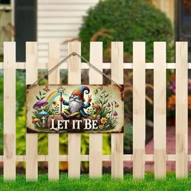 Imagem de Placa suspensa de 10 x 20 cm – sinal Let It Be com gnomo arco-íris jardim rústico decoração de casa de fazenda para cerca, varanda, jardim (casa vintage e design floral)