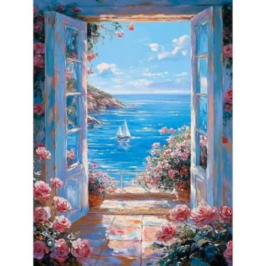 Imagem de YarnMate Pintura de cenário por números para adultos, pintura de praia de paisagem por número para adultos iniciantes, tinta acrílica fácil por número em tela para relaxar e decoração de parede de