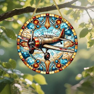 Imagem de Acrílico colorido Suncatcher, arte de vitral de avião vintage, decoração de parede de janela suspensa de 18 cm, design de estilo vitral impresso, ideia de presente e ornamento de jardim, uso interno e