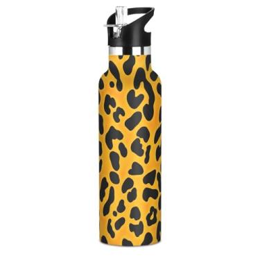 Imagem de Garrafa de água infantil isolada de 590 ml com tampa de palha, garrafas de água escolares de aço inoxidável com estampa de leopardo preto e amarelo com alça, copos de viagem infantis à prova de