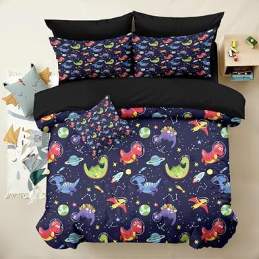 Imagem de Yadangxiawa Jogo de cama solteiro de dinossauro, 6 peças, para adolescentes, com 1 colcha + 1 lençol de cima + 1 lençol com elástico + 2 fronhas + 1 capa de almofada (dinossauro-C, solteiro)