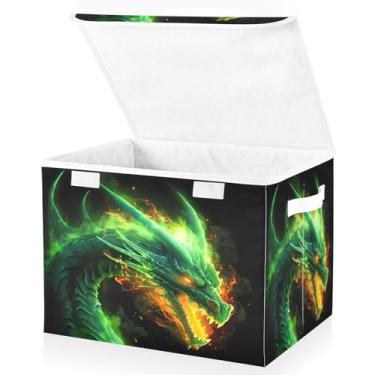 Imagem de Blueangle Cestos de armazenamento Green Dragon com tampas, 42 x 32 x 30 cm, grande cesta organizadora dobrável para decoração de casa e escritório (159)