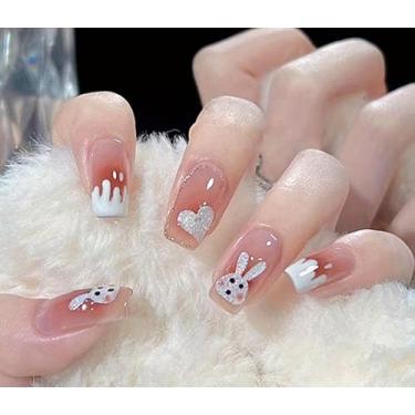Imagem de Unhas quadradas de pressão, unhas macias de gel médio, 12 tamanhos – 24 kit de manicure reutilizável e fofo, coelho rosa