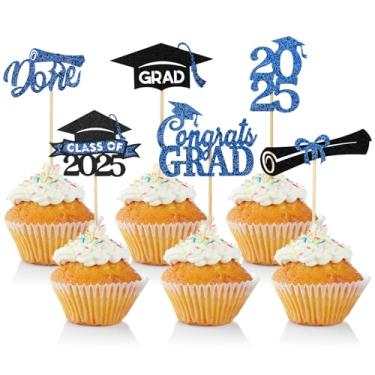 Imagem de 24 Pcs Graduation Cupcake Toppers 2025, Glitter Blue and Black Class of 2025 Cupcake Toppers, 6 Styles Graduation Cap Diploma Cake Picks for Grad Theme Party Cake Decorations Supplies