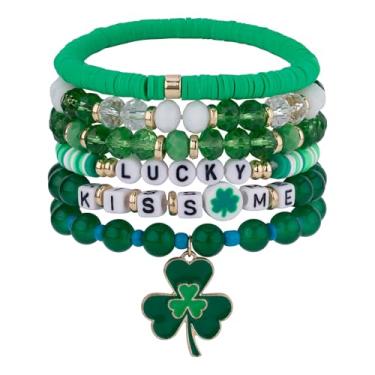 Imagem de 6 pulseiras de dia de São Patrício, pulseiras elásticas com contas verdes para mulheres, amuleto de trevo da sorte, pulseira de argila de polímero para mulheres, pulseiras da amizade, joias irlandesas