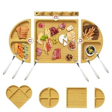 Imagem de LUMAI Kit Tábua Para Queijos e Frios Formato Coração com Facas, Garfos, Divisórias e Encaixe Magnético – Petisqueira de Bambu Modular para Servir Queijos, Frutas e Aperitivos
