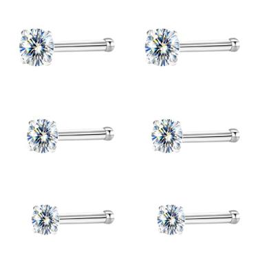 Imagem de hooppoo Brincos de nariz hipoalergênicos de titânio G23 com moissanite | Joia de piercing de barra reta em forma de L minúsculo/parafuso | Conjunto de 6 peças em 2 mm, 2,5 mm, 3 mm | Presente unissex