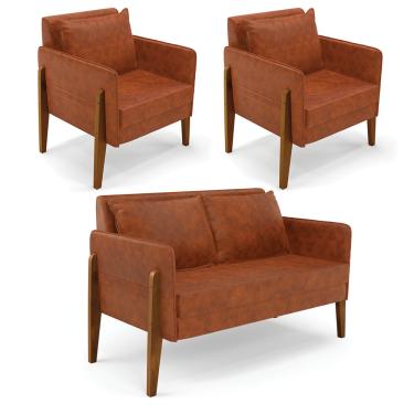 Imagem de Kit 1 Sofá Namoradeira e 2 Poltronas Lana Corano Base de Madeira - D'Rossi