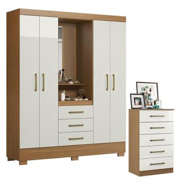 Imagem de Cômoda e Guarda Roupa Solteiro Paris 2045150 4 Portas de Bater 3 Gavetas MDP Moderno co...