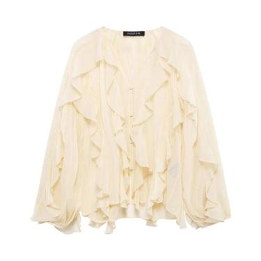 Imagem de Blusa Feminina Casual De Primavera Com Babados, Decote Em V, Renda E V