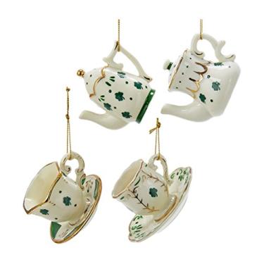Imagem de Kurt Adler Enfeite de xícara e bule de chá de porcelana de 5 cm, conjunto de 4