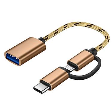 Imagem de SATMW Cabo 2 em 1 USB 3.0 OTG trançado de nylon micro USB tipo C adaptador de carregamento de sincronização de dados para Samsung One Plus MacBook USBC Tipo-C OTG - Dourado