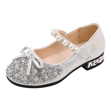 Imagem de Sapatos de dança de desempenho para meninas sapatos infantis pérola strass brilhante sapatos de princesa botas bebê menina, Prata, 10.5-11 anos