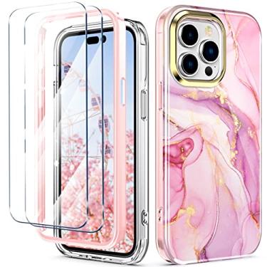 Imagem de Hocase Capa para iPhone 14 Pro, (com 2 unidades de protetores de tela de vidro) capa protetora fina à prova de choque macia TPU + plástico rígido para iPhone 14 Pro (tela de 6,1 polegadas) 2022 - mármore rosa