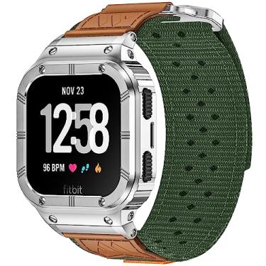 Imagem de MioHHR Pulseira compatível com Fitbit Versa 4 3 2 1 /Fitbit Versa Lite/Fitbit Sense/Sense 2 pulseiras com caixa de aço inoxidável, pulseira resistente de nylon respirável esportiva de substituição