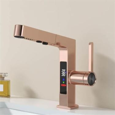 Imagem de Torneira de lavatório com visor digital inteligente Torneira de lavatório LED, torneira de pia misturadora de água, torneira de pia de lavatório de banheiro (cor: ouro rosa)