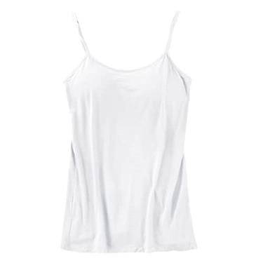 Imagem de Camisetas femininas com sutiã embutido em algodão, prateleira, sutiã, alças finas, alças finas, camiseta básica, Branco, P