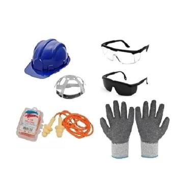 Imagem de Kit Obras Capacete + Óculos + Protetor Plug + Luva Corrugada Azul