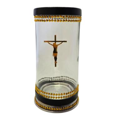 Imagem de Porta Vela 7 Dias 18 cm Jesus Cristo Cruz Vidro e Alumínio