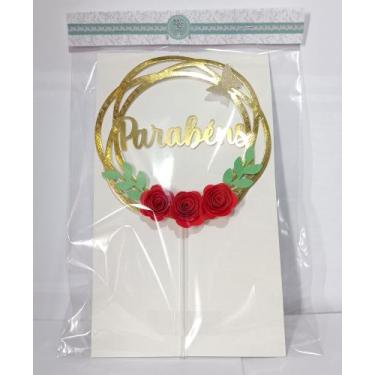 Imagem de Topo De Bolo Floral Parabens  Vermelho/Dourado) 15x15 - D&S Personaliz