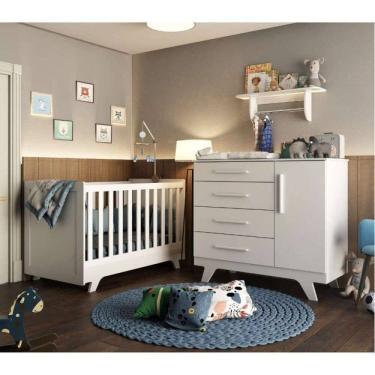 Imagem de Conjunto para Quarto de Bebê com Cômoda Berço e Prateleira Retrô Branco Brilho
