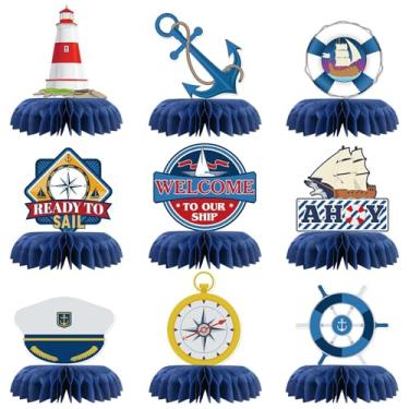 Imagem de 9 peças de decoração de mesa náutica de favo de mel, centro de mesa de bebê Ahoy, decoração de festa de casamento Ocean World, âncora de navio, marinheiro náutico, capitão, artigos de decoração de