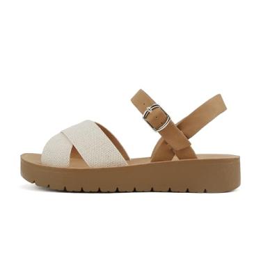 Imagem de Soda CHESTER ~ Sandálias planas femininas com fivela no tornozelo e tiras cruzadas, Lona bege/marrom, 6.5