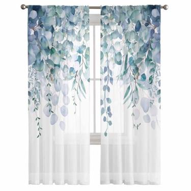 Imagem de Cortina transparente com folhas de eucalipto azul-petróleo 203 cm de comprimento, 2 painéis, branco, azul-petróleo, plantas de primavera, cortinas de voile, aquarela, folha de eucalipto, bolso para
