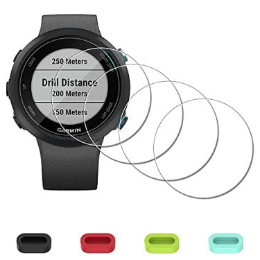 Imagem de iDaPro [Pacote com 4] Protetor de tela para smartwatch de natação Garmin Swim 2 + plugues de silicone antipoeira vidro temperado antiarranhões sem bolhas