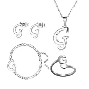 Imagem de Loqimu Pacote com 4 conjuntos de joias iniciais de aço inoxidável para mulheres, anéis de prata, brincos, colar com pingente, gargantilha, corrente, brincos de orelha, presente para meninas