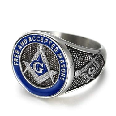 Imagem de IFUAQZ Anel maçônico masculino de aço inoxidável com símbolo maçônico azul dourado livre e aceito, Metal, Sem pedra preciosa