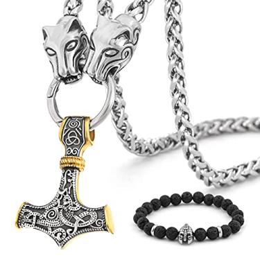 Imagem de BaviPower Colar de dois tons com pingente de martelo Thor banhado a ouro 18 quilates corrente de quilha de cabeça de lobo nórdica escandinava viking joia para homens e mulheres