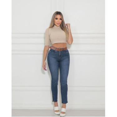 Imagem de Calça Jeans Skinny Feminina Cintura Média com Cinto 23134 Escura - Con