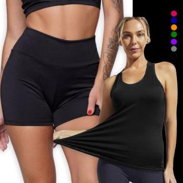 Imagem de Kit Conjunto Fitness SHORT Legging BÁSICO Cós Alto +  Regata Malha Fri