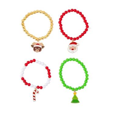 Imagem de Pulseiras elásticas com contas com pingente de Natal de metal - (pacote com 12) - Cores sortidas e design - Perfeito para prêmios de jogos de férias, meias ou presentes de Natal